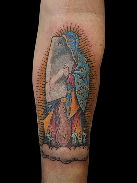 neo traditional&nbsp; virgin mary meat cleaver pete geoffe colour ink color tattooed men chef 