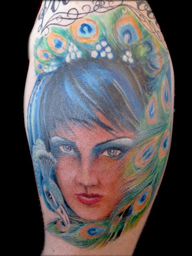 neo traditional woman peacock head-dress feathers color ink colour tattooed women