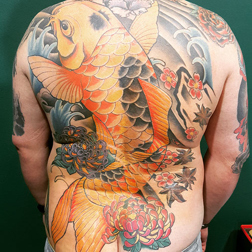 Oriental Koi tattoo peonie cherry blossom colour ink color maple leaves